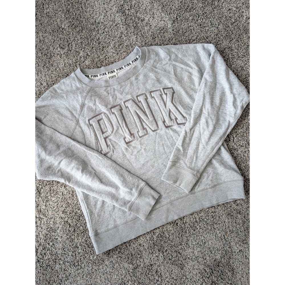 PINK Victoria's Secret Crewneck Sweatshirt Gray Embellished Logo Womens XS